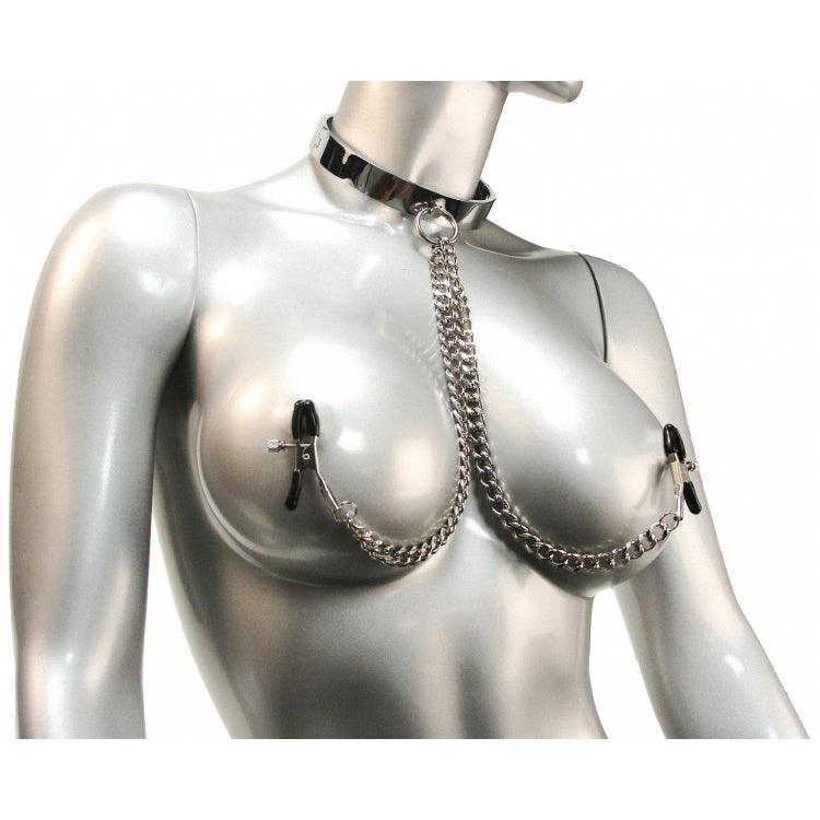 Chrome Slave Collar with Nipple Clamps - SmallMedium
